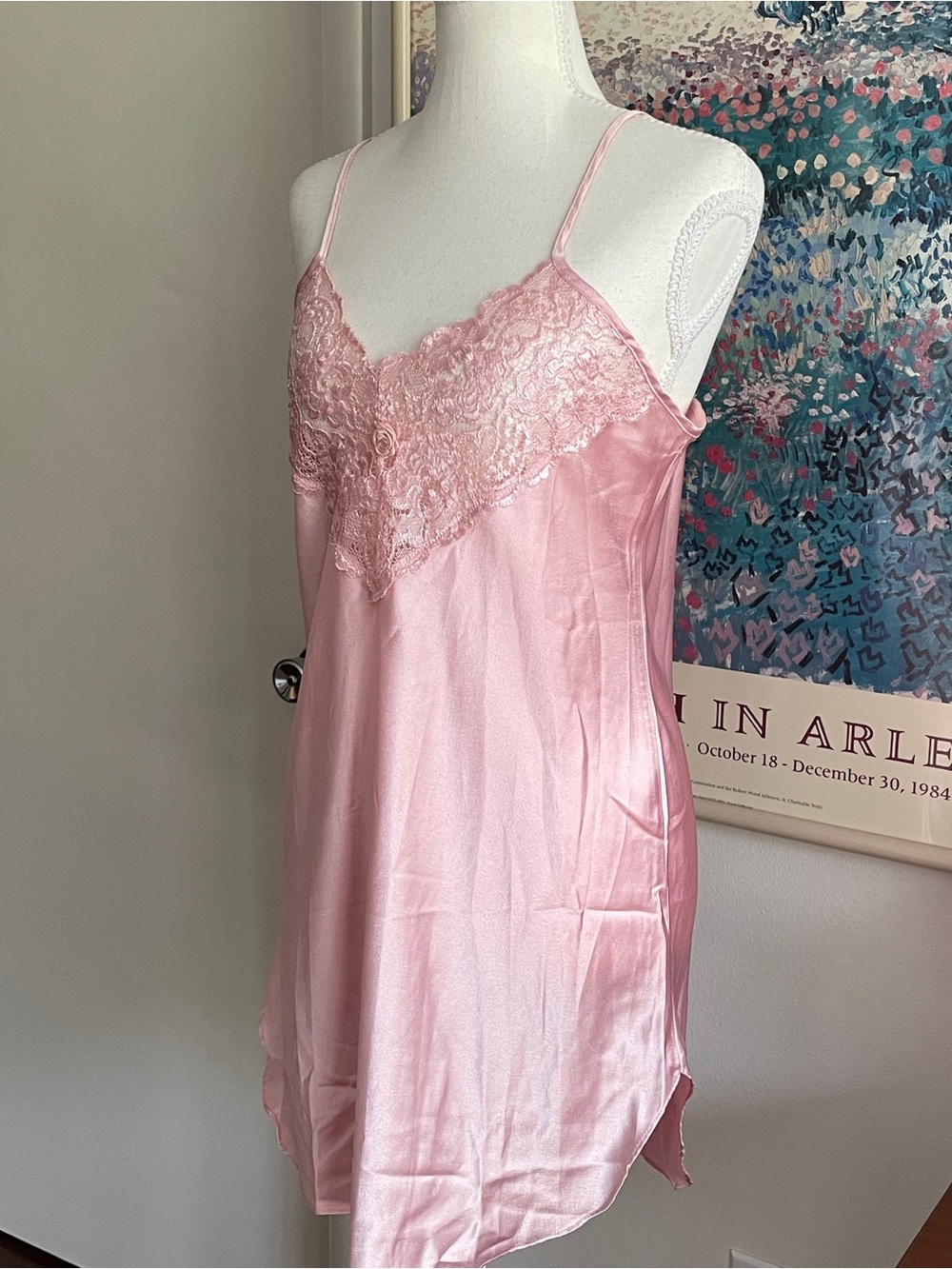 Vintage Slip Dress Small Pink Satin Lace Coquette Fairy Bridal Nightgown 90s - Picture 3 of 9
